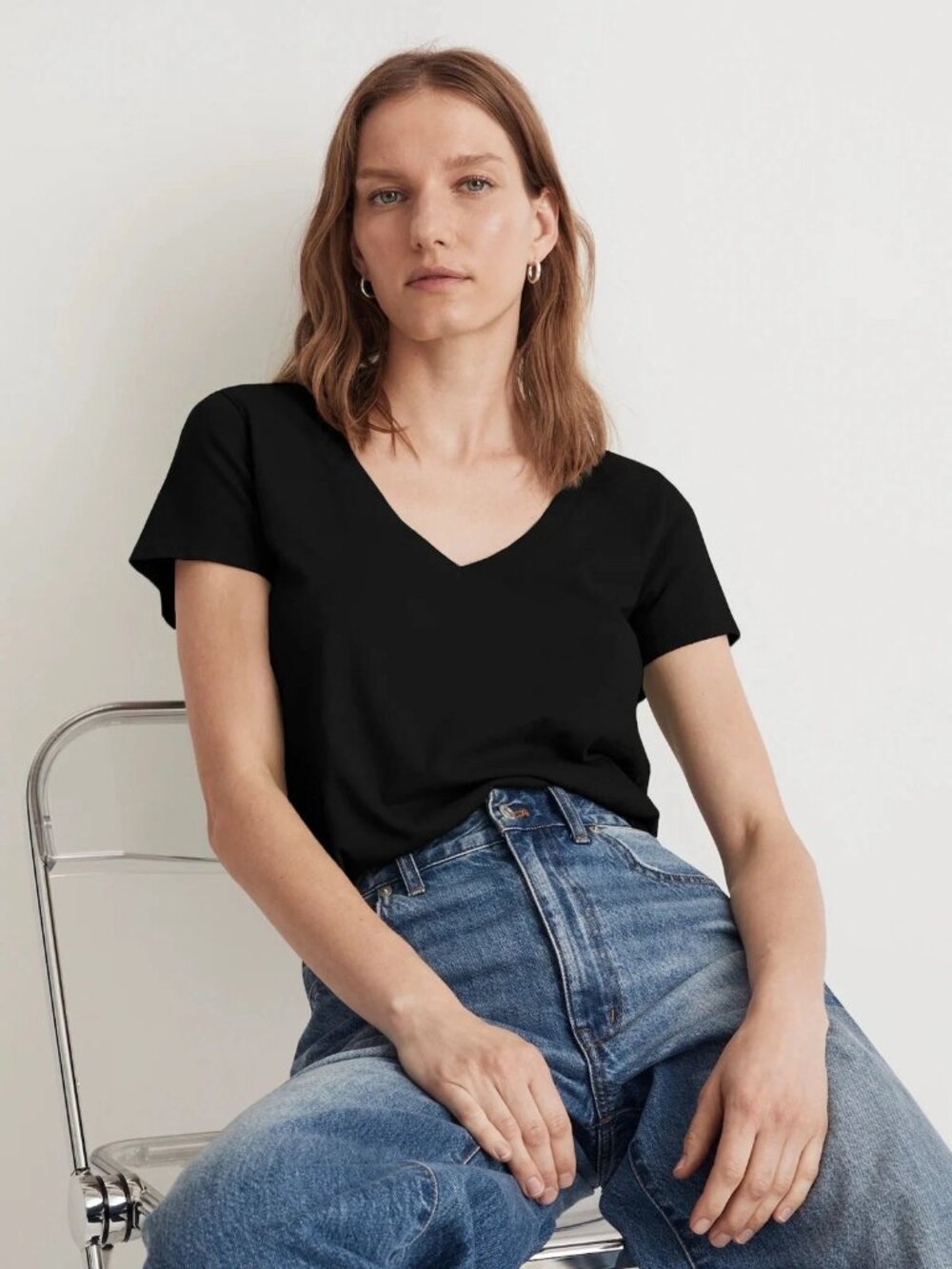 Madewell Black Short Sleeve V-Neck Easy Crop Softfade Tee S NWT
